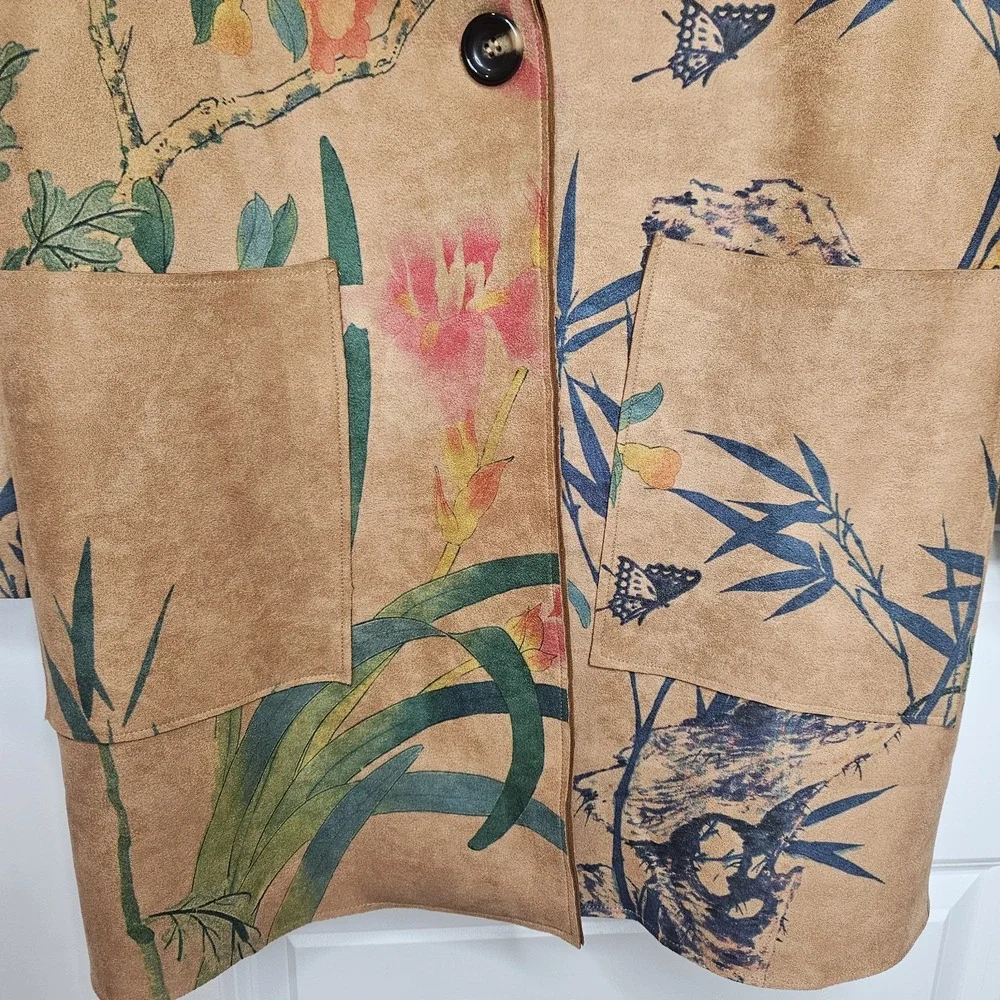 NWT Beulah Style Mid Length Faux Suede Blazer Painted Nature Botanical Size Med